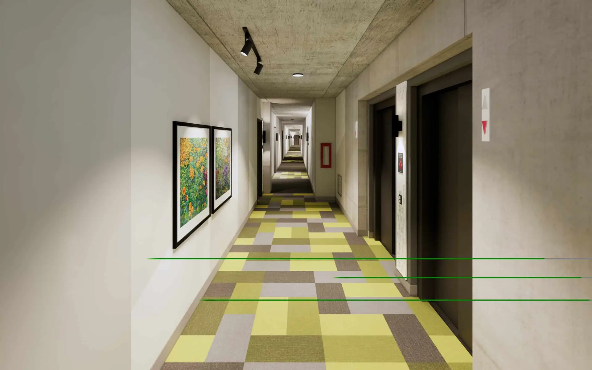 Corridor with elevators and colorful carpet
