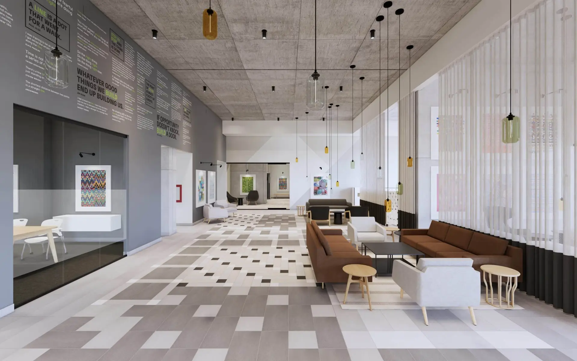 Main lobby with seating and artwork on walls