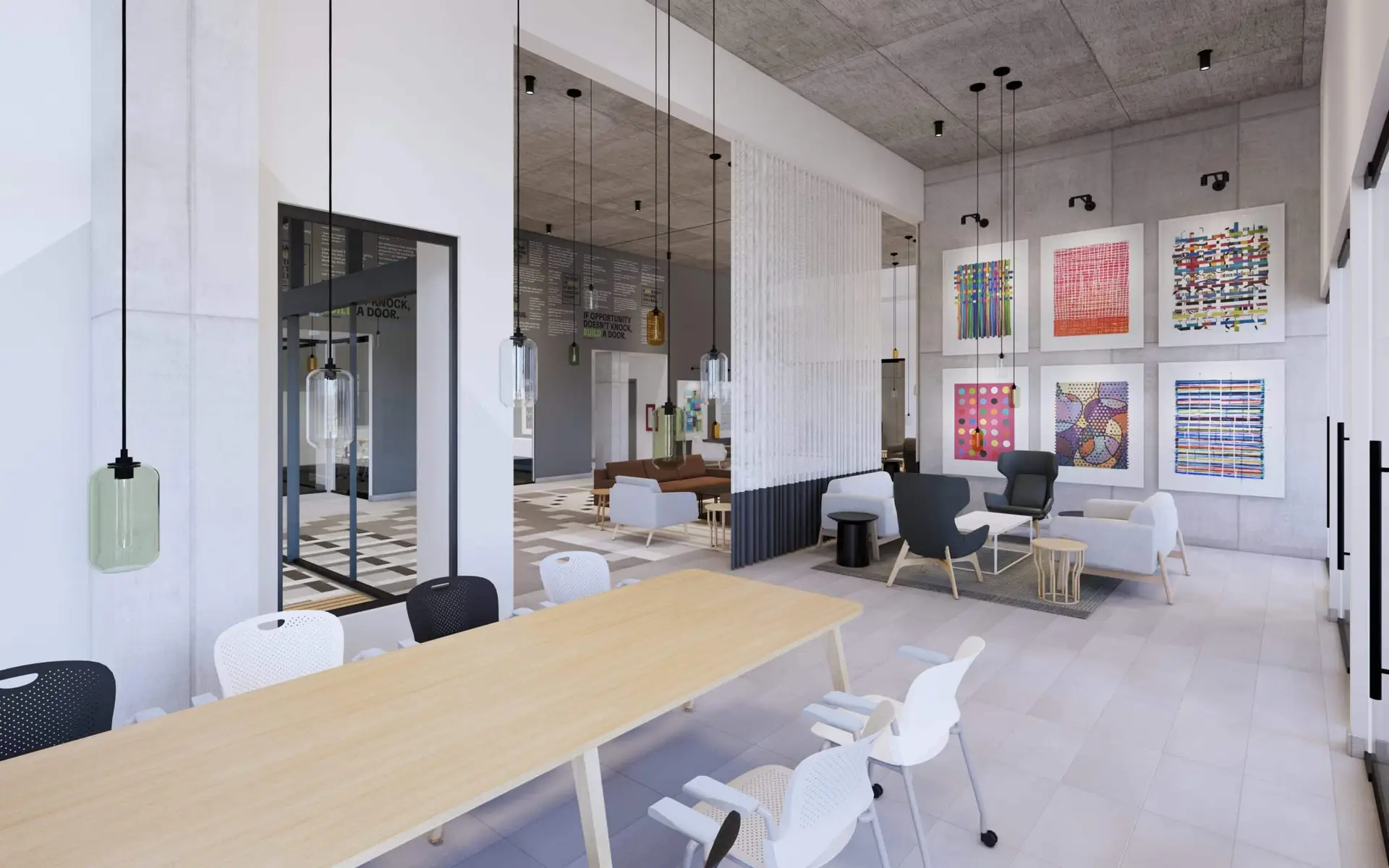 Coworking space with a large table and chairs