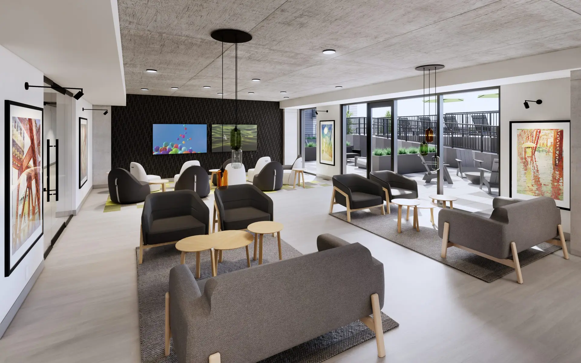 This lounge area at Arlington Heights is furnished with modern furniture and features large windows that provide an eastward view, creating a bright and stylish space for residents to relax and enjoy the natural light.