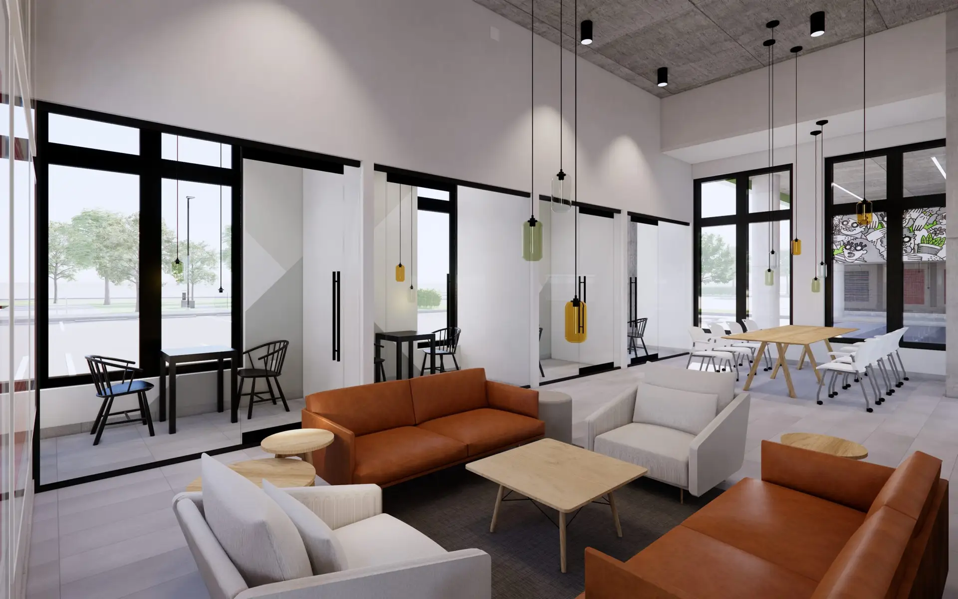 Bright coworking booths with modern decor and ample lighting.