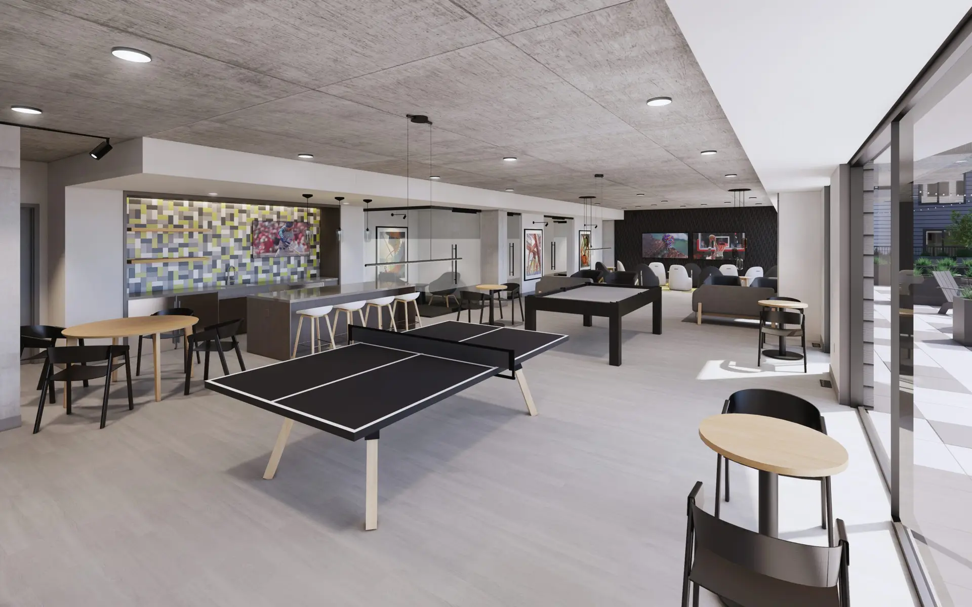 Game area with table tennis and seating