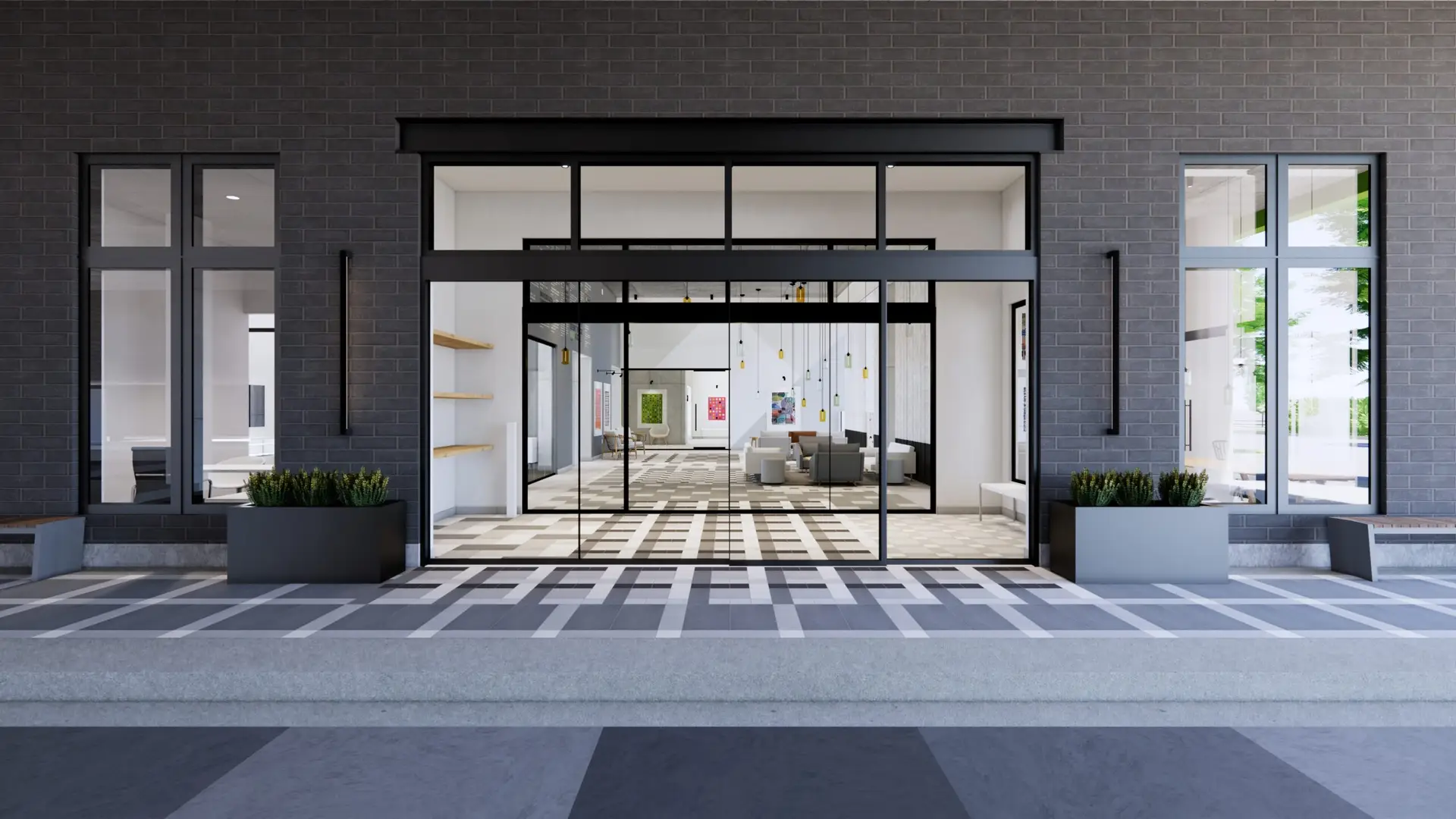Main entrance of Arlington Heights apartment complex with glass doors and large windows.