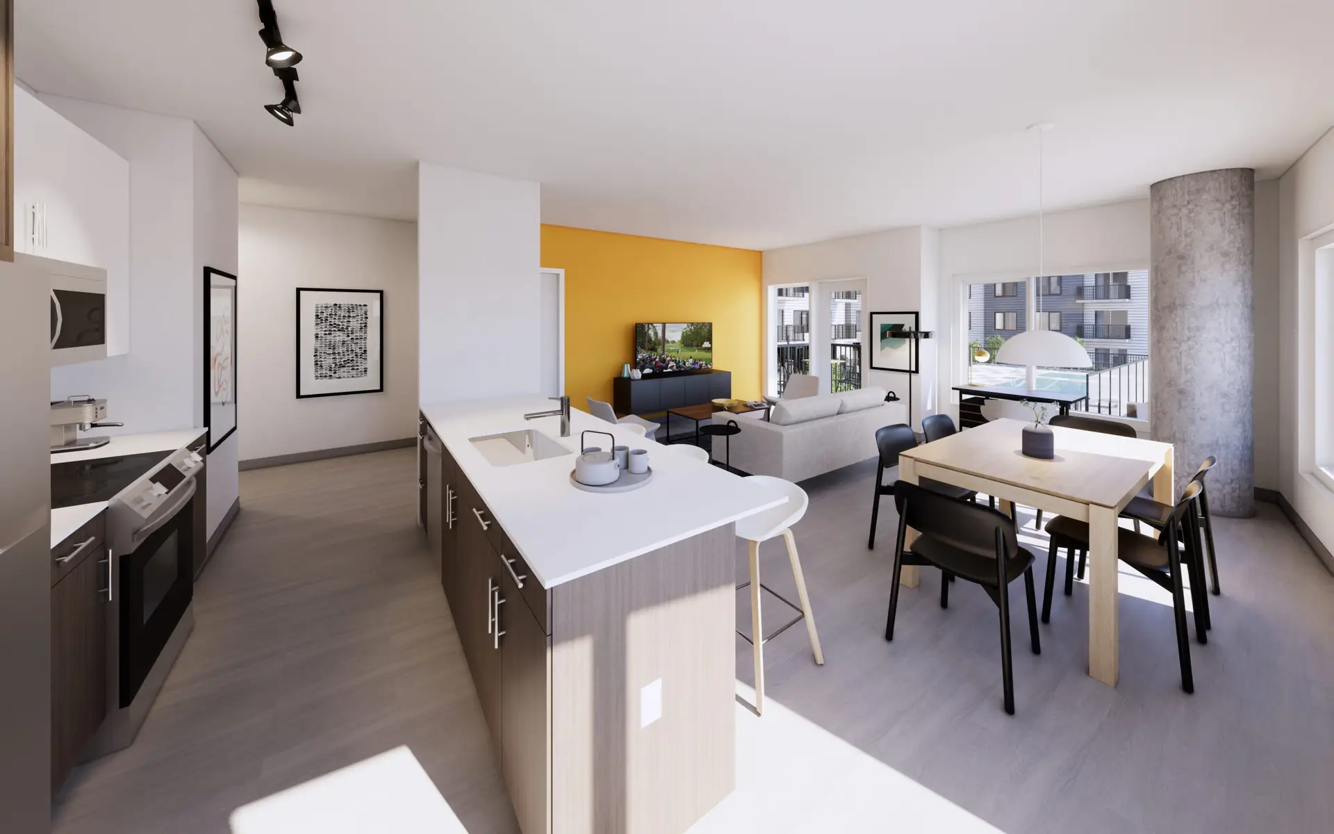Open kitchen and dining area with modern fixtures and furniture.