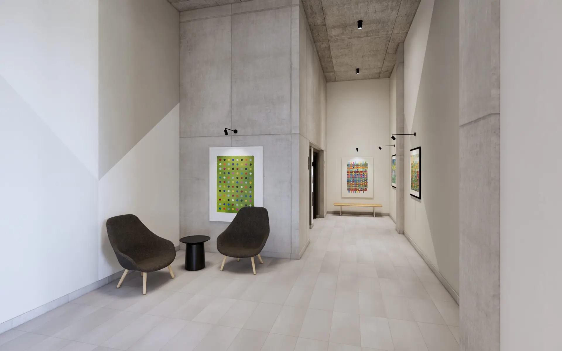Cozy seating area in a corridor with modern artwork on the walls.