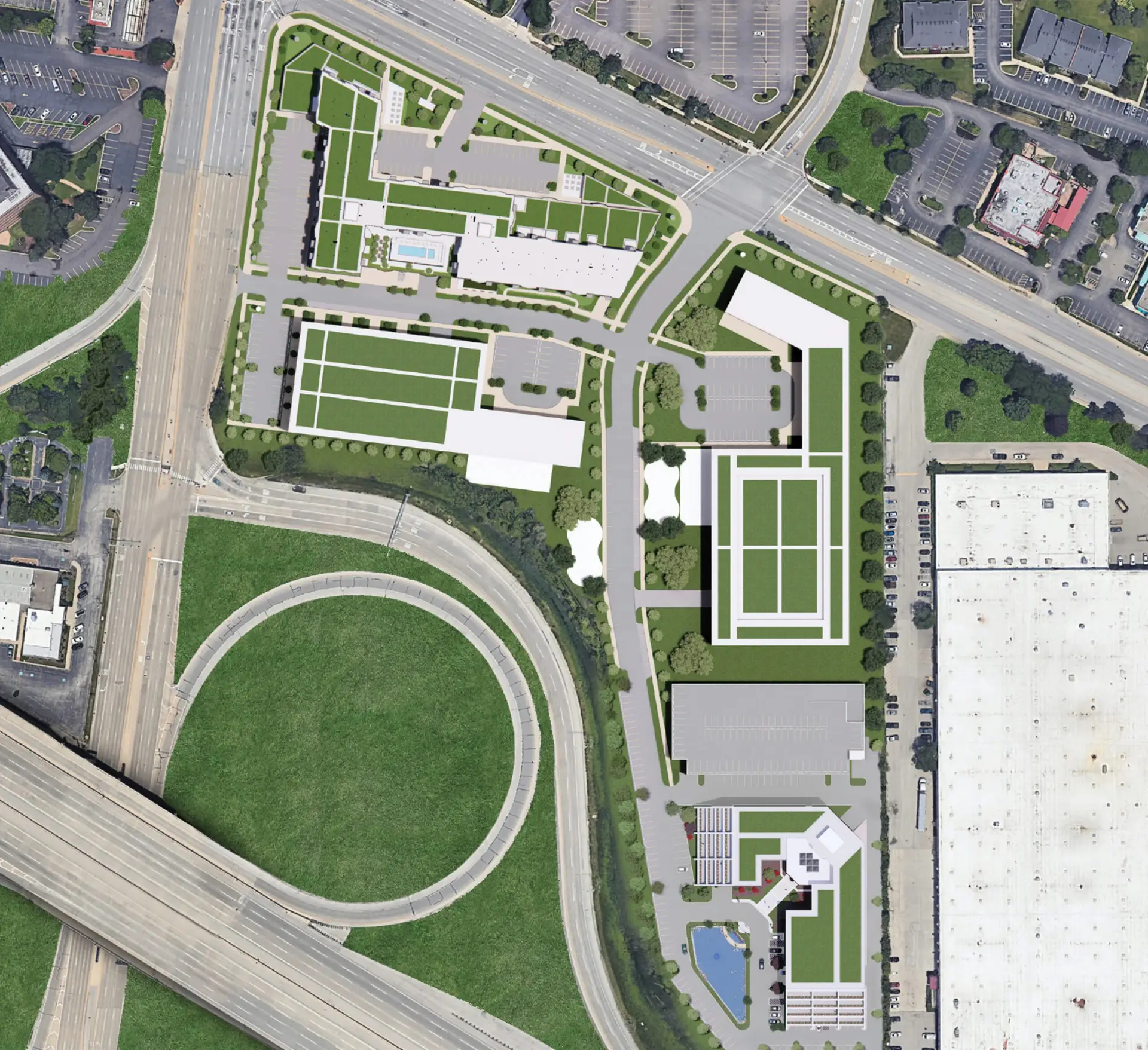 Aerial view of Arlington Heights site layout with surrounding roads and buildings.