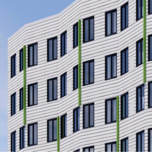 Multifamily residential building with modern architecture.