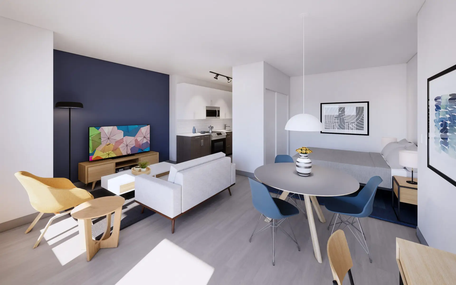 Bright and modern studio apartment with stylish furniture.