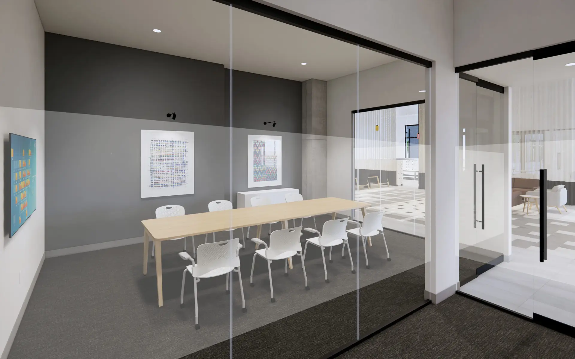 Glass-enclosed conference room with a long wooden table and chairs.