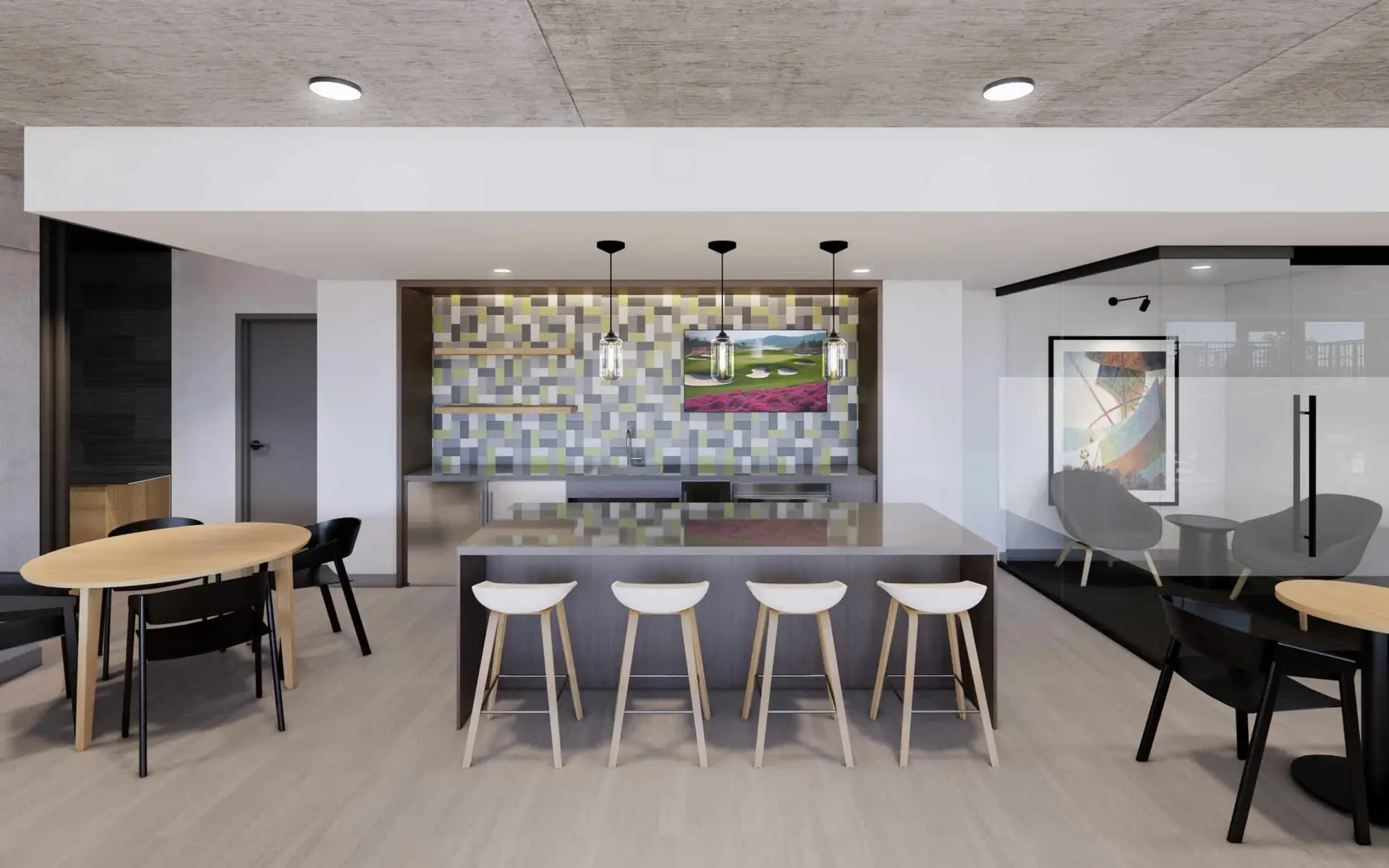 Kitchenette with seating, pendant lighting, and colorful backsplash.