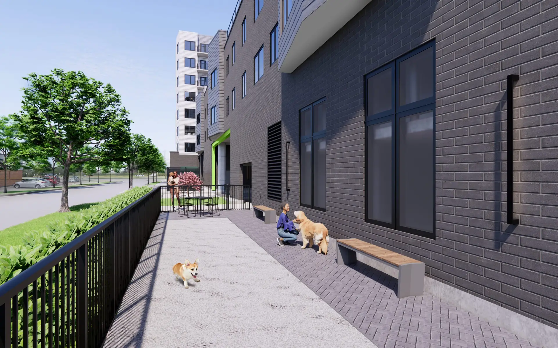 Outdoor dog run with seating and a fenced area.